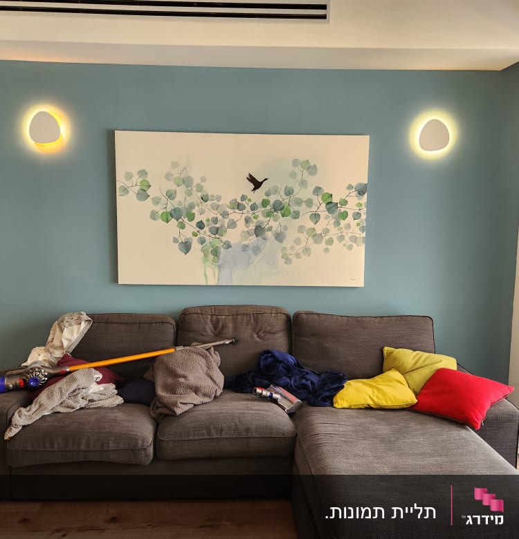 שואב אבק על ספה אפורה עם כריות צבעוניות
